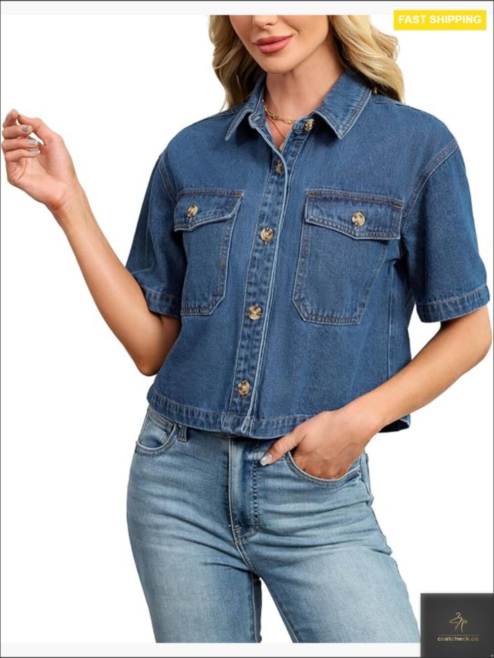 Crop Denim Shirt Short Sleeve Button Down Classic Chic Casual Tops